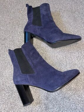 Pointed Toe Navy Suede Chelsea Block Heel Booties - Women